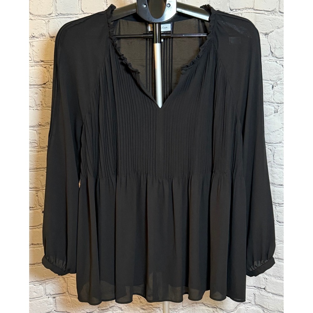 Charter Club Womens Black Pleated Babydoll Blouse Long Sleeve Ruffle Neck L